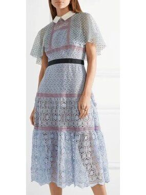 Self-Portrait Ice Blue Guipure Lace Cape Midi Dress size 4 Sheer hem collar